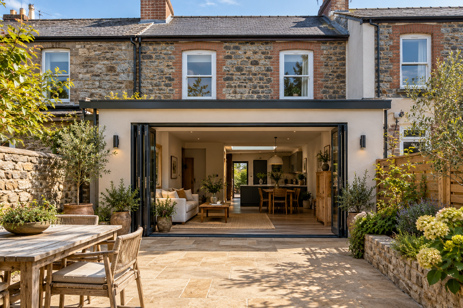 Illustrative renovated Welsh home with a garden room and carefully finished stonework