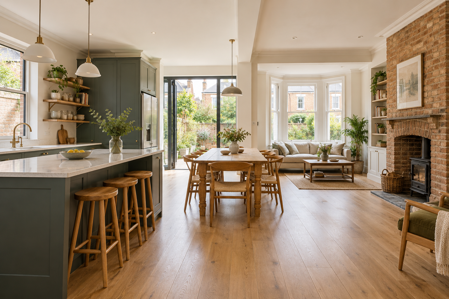 Illustrative renovated kitchen and living space with an original brick fireplace