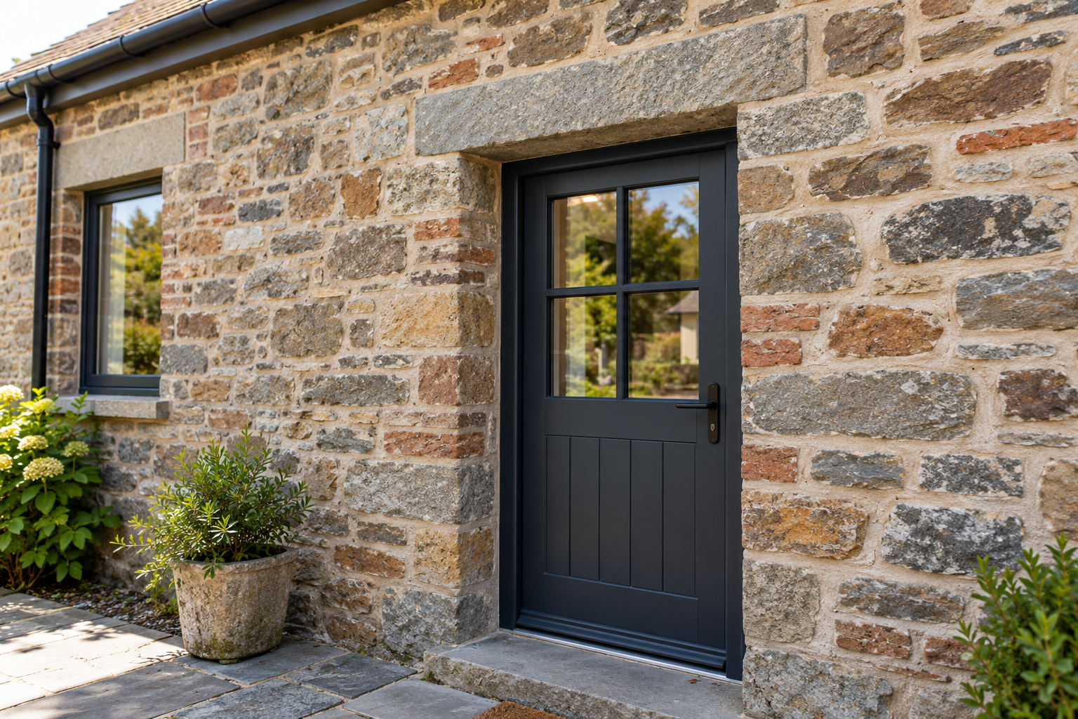 Illustrative stone and brick masonry beside a finished doorway