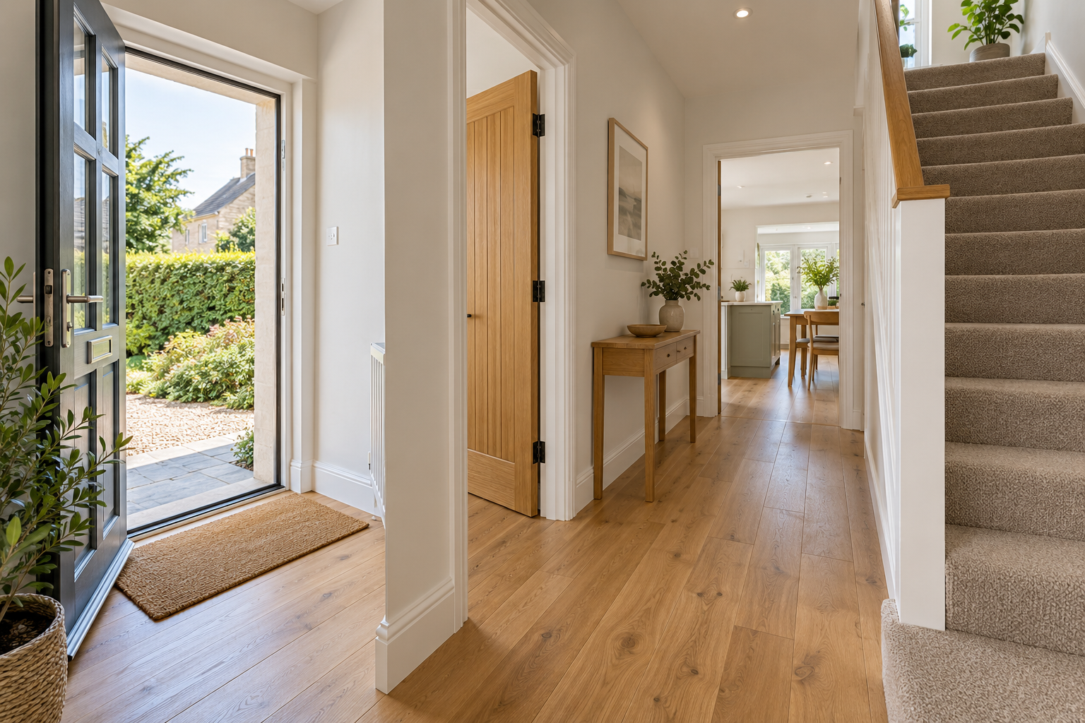 Illustrative refurbished hallway with oak flooring and neatly finished doors